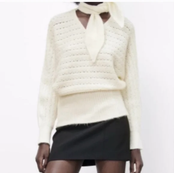Zara Elegant Ecru Sweater with Scarf, Sz S - Picture 1 of 5